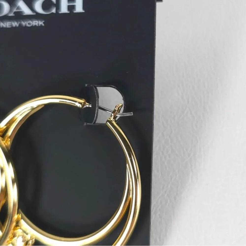 NWT COACH Women's Signature Double Hoop Gold Earrings with Cubic Zirconia Detail - Picture 9 of 11